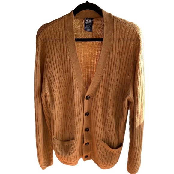 John Blair Other - John Blair Almond Brown Cable Knit Acrylic Grandpa Cardigan Sweater Mens L Tall